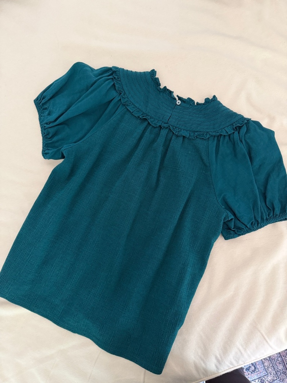 Anthropologie Teal Ruffle Yoke Puff Sleeve Blouse - Picture 3 of 6